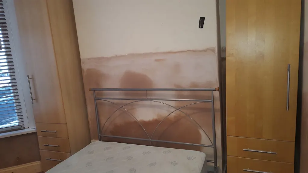 Bedroom wall showing damp proofing treatment area behind bed frame